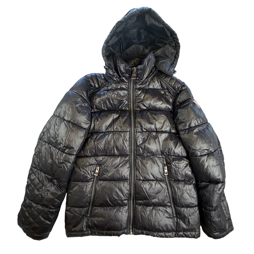 Guess Puffer Jacket Womens Small Black Nylon Hooded Zip Quilted Short Warm